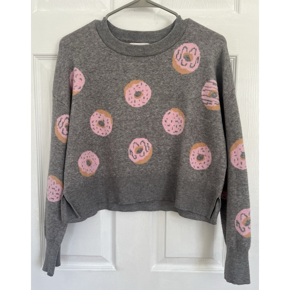 If It Were Me Cropped Pink Frosted Donuts Gray Long Sleeve Crewneck Sweater Sz S